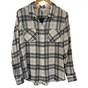 Lucky Brand Plaid Long Sleeve Button Down Gauze Black Tan Shirt Large NWT